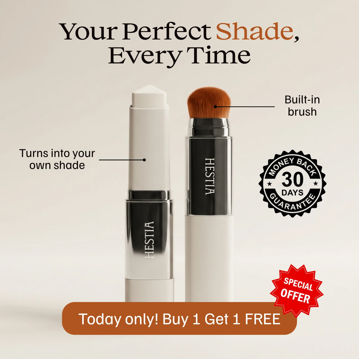 Hestia color-changing foundation stick with built-in brush that turns into your own shade, 30-day money-back guarantee