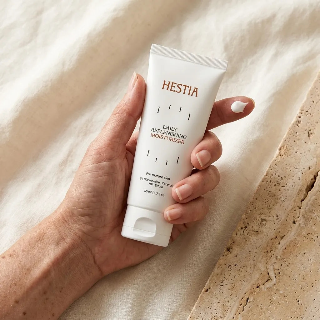 Hand holding HESTIA Daily Replenishing Moisturizer with cream on a fingertip
