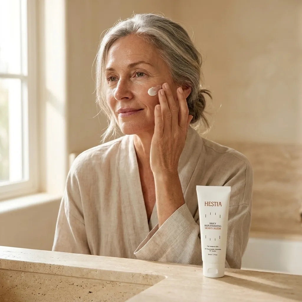 Woman applying HESTIA Daily Replenishing Moisturizer