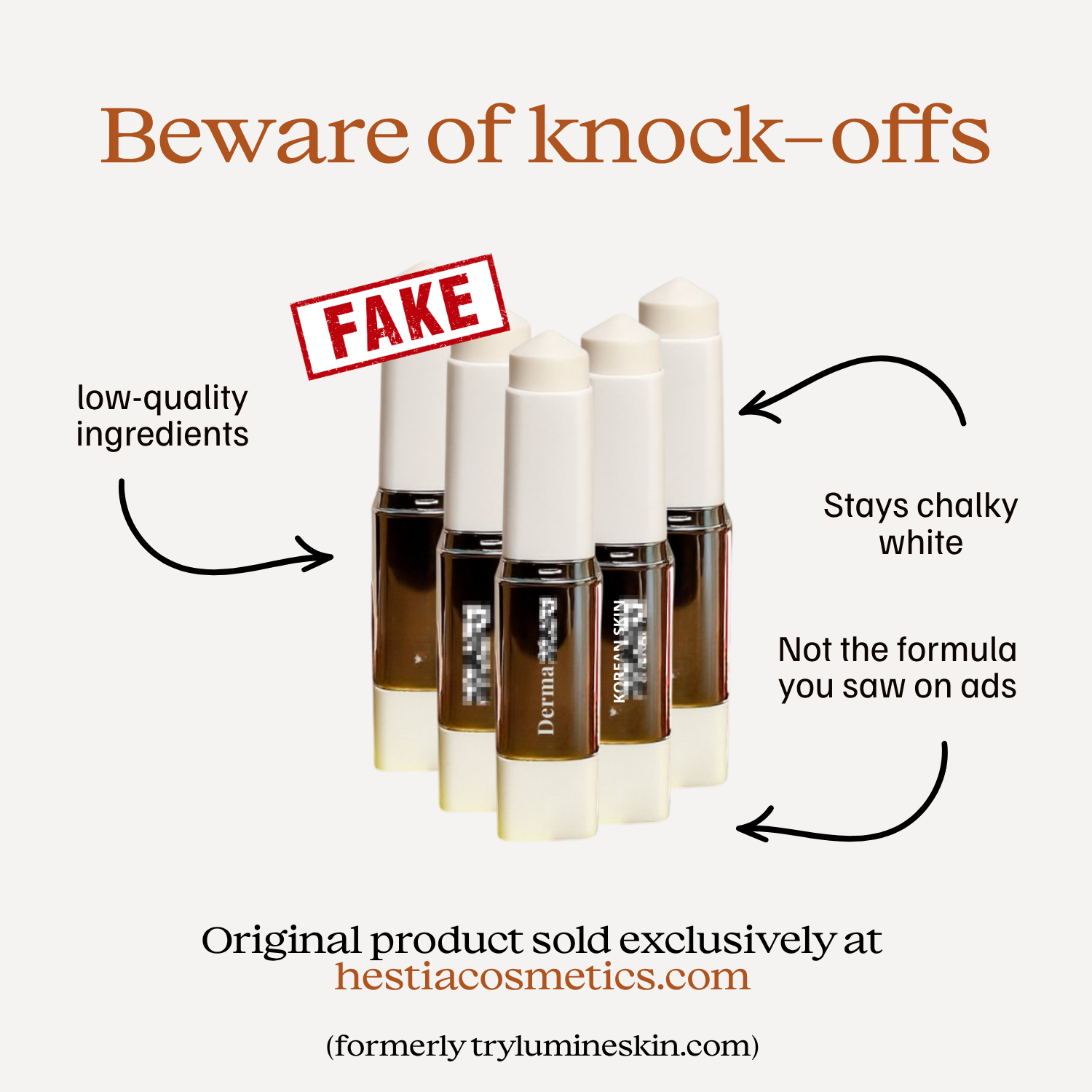 Beware of knock-offs: original Hestia foundation stick vs counterfeit fakes — buy only at hestiacosmetics.com