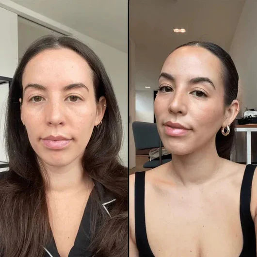 Hestia foundation stick adapting to medium-deep skin tone — before and after